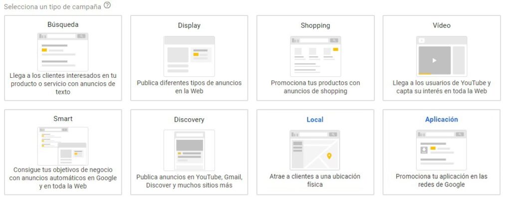 tipos de campaña de Google Ads