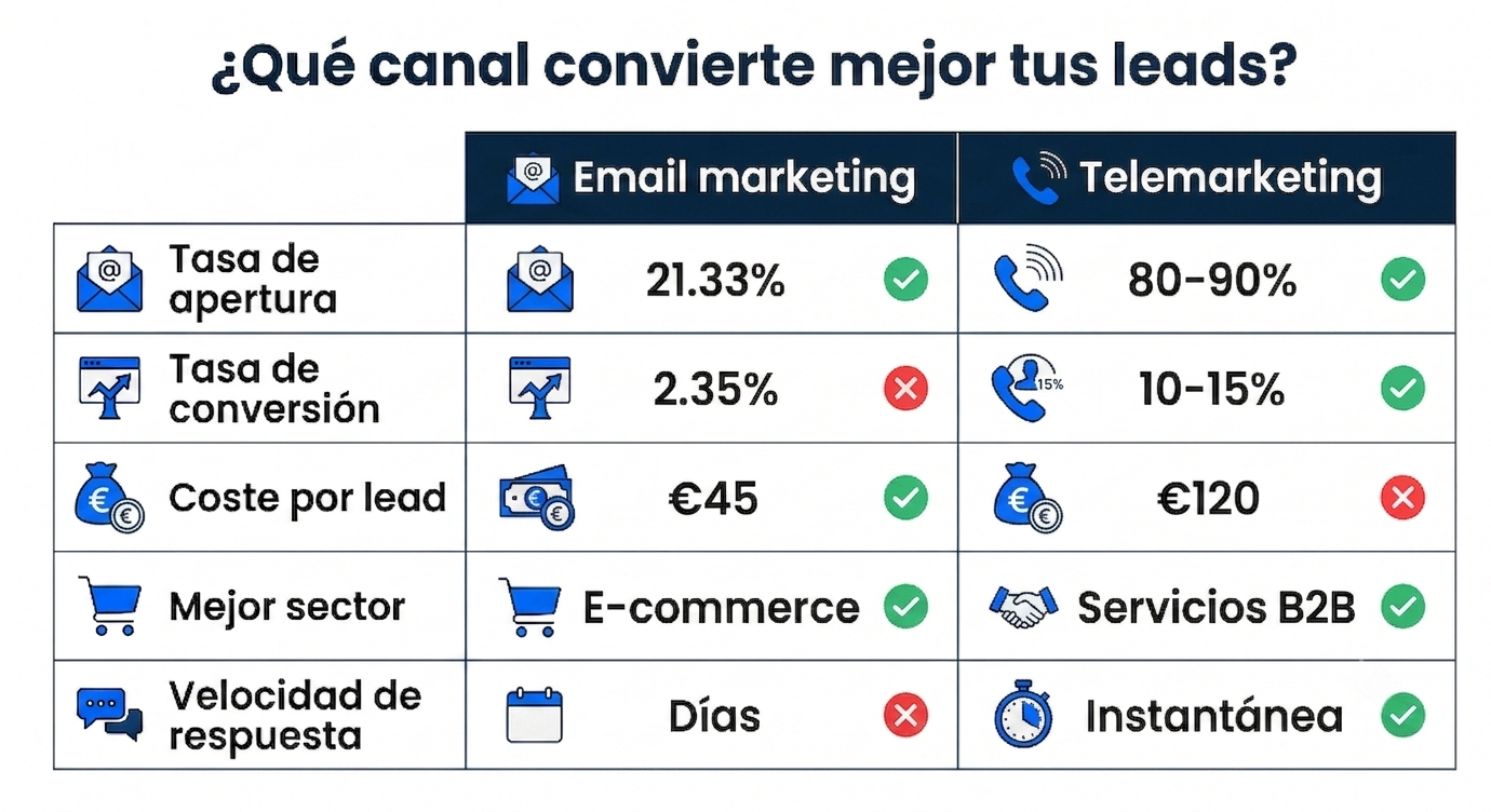 tabla comparativa email marketing telemarketing leads